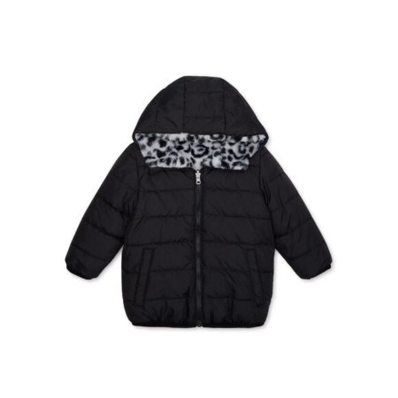 Reversible Toddler Girls Bubble Coat With Hood Faux Fur Leopard Print & Black Wa - Picture 2 of 5